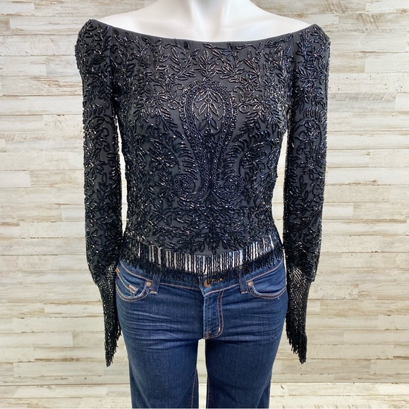 Ralph Lauren Purple Label Tops - Ralph Lauren Collection Purple Label Beaded Fringe Top Womens Size 8 Black